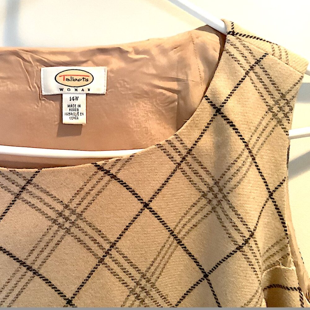 Talbots Woman beige plaid Sleeveless Dress Size 14W, Wool, lined, side zip - Picture 5 of 14